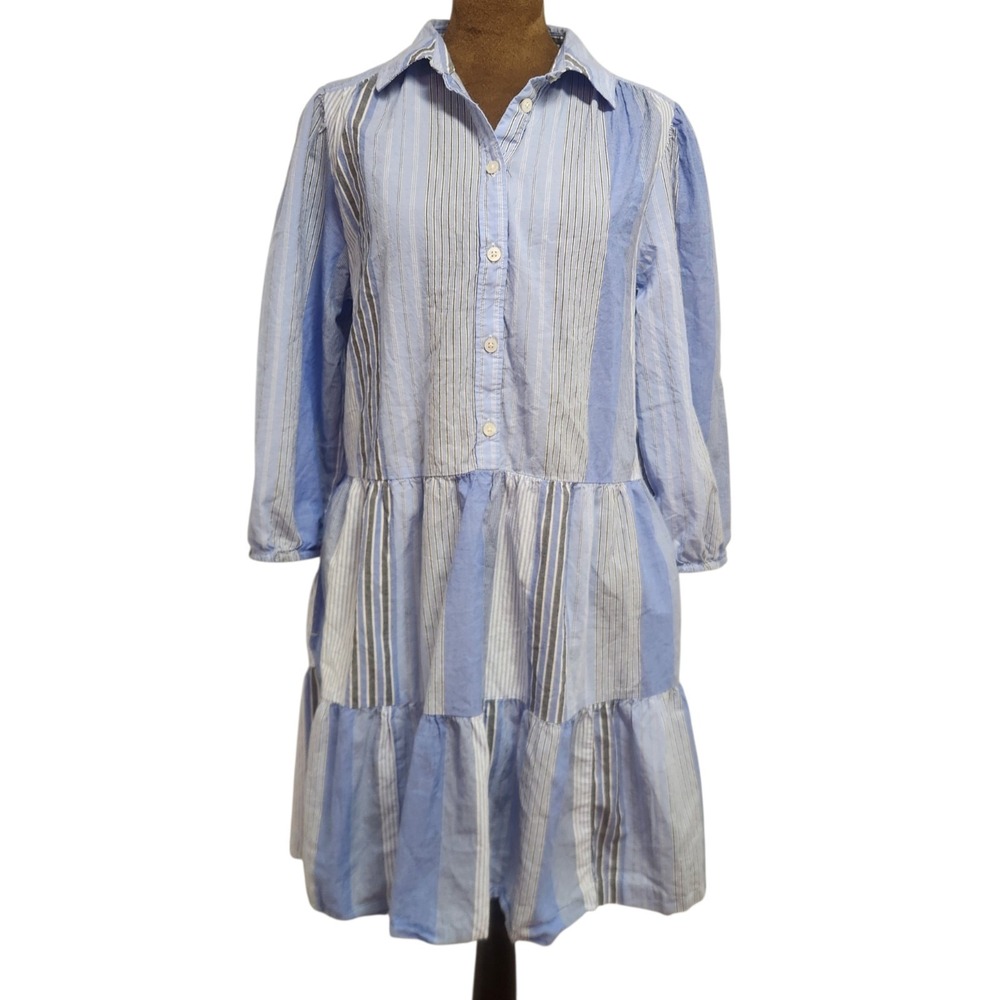 Gap Blue White Striped Puff Sleeve Dress Collared Size S Cotton Preppy